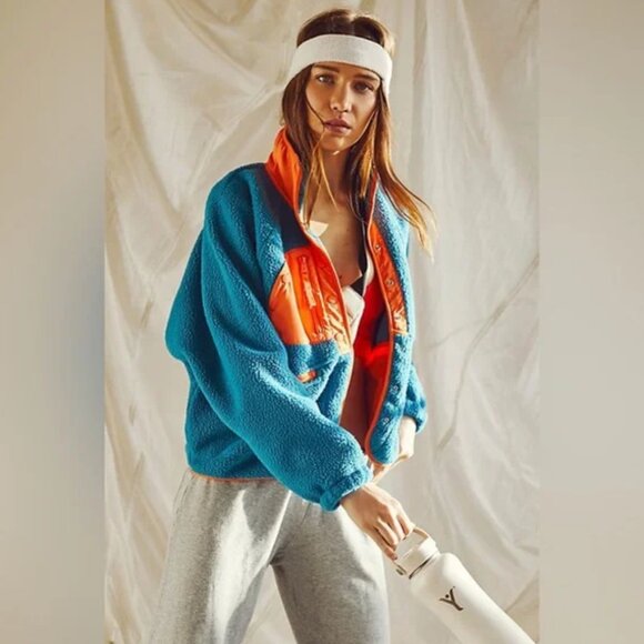 NWOT Free People Movement fleece sherpa jacket teal orange coral S small - Picture 1 of 2
